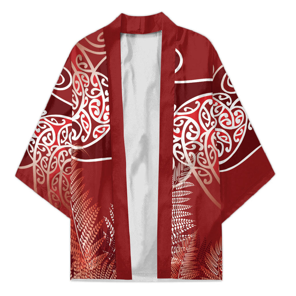 Aotearoa Maori Koru Curves Kimono Silver Ferns - Crimson Red LT7 Unisex Red - Polynesian Pride