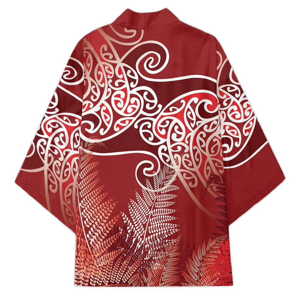 Aotearoa Maori Koru Curves Kimono Silver Ferns - Crimson Red LT7 - Polynesian Pride