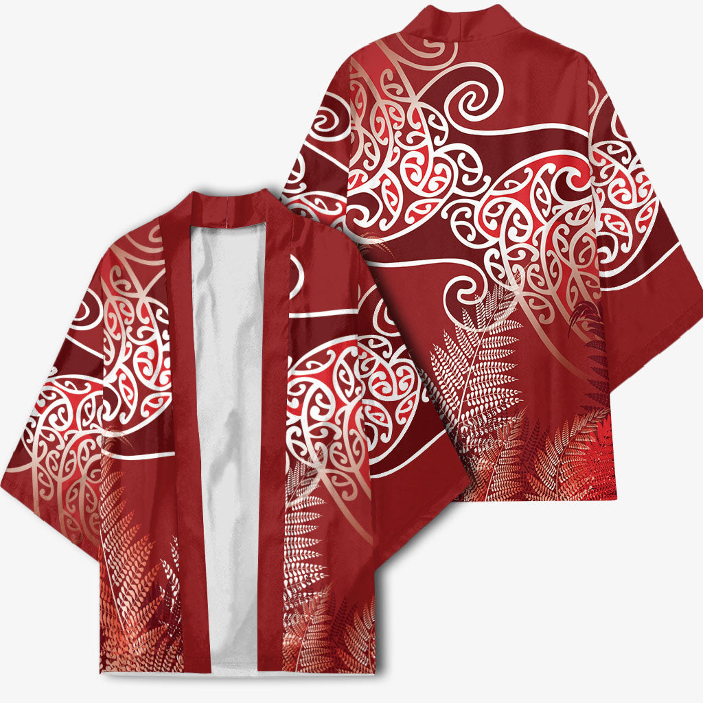 Aotearoa Maori Koru Curves Kimono Silver Ferns - Crimson Red LT7 - Polynesian Pride