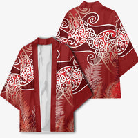 Aotearoa Maori Koru Curves Kimono Silver Ferns - Crimson Red LT7 - Polynesian Pride