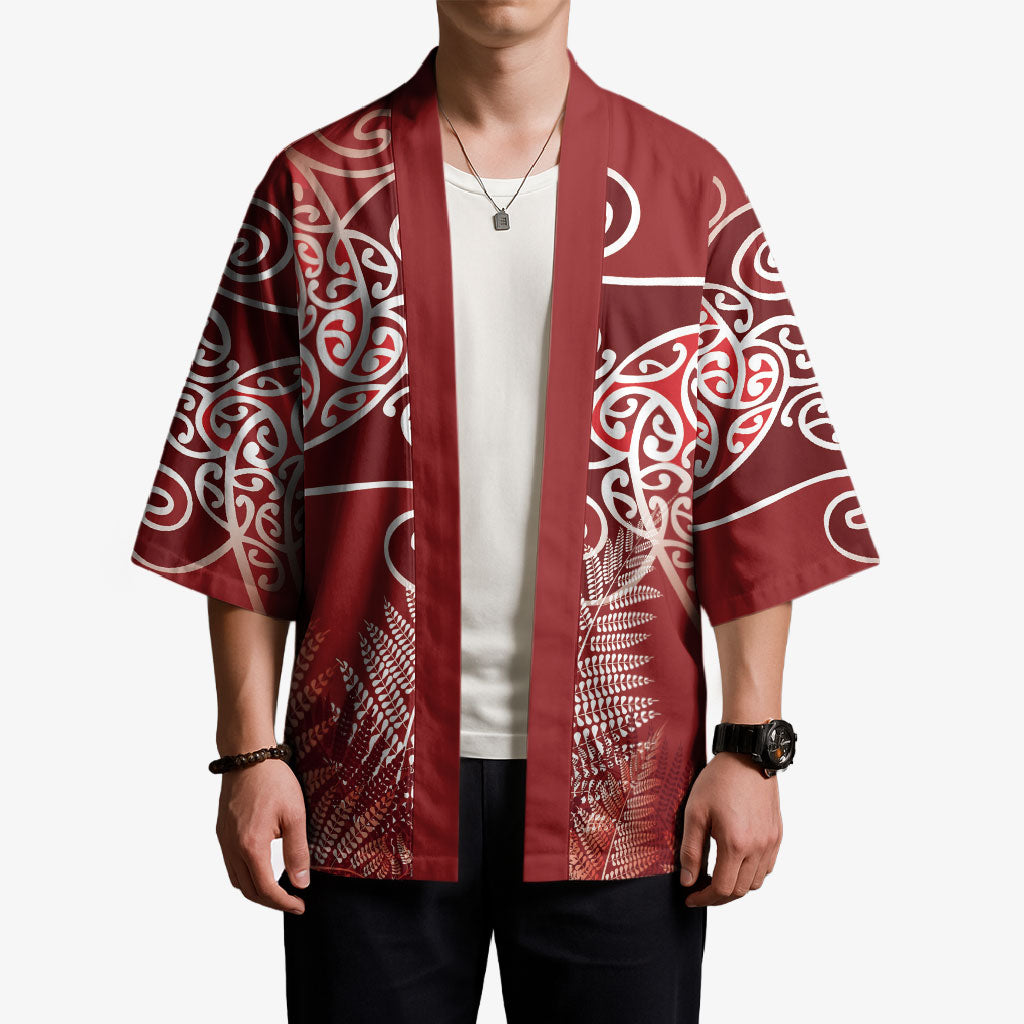 Aotearoa Maori Koru Curves Kimono Silver Ferns - Crimson Red LT7 - Polynesian Pride