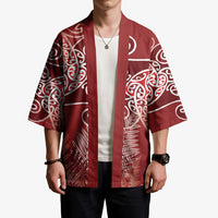 Aotearoa Maori Koru Curves Kimono Silver Ferns - Crimson Red LT7 - Polynesian Pride