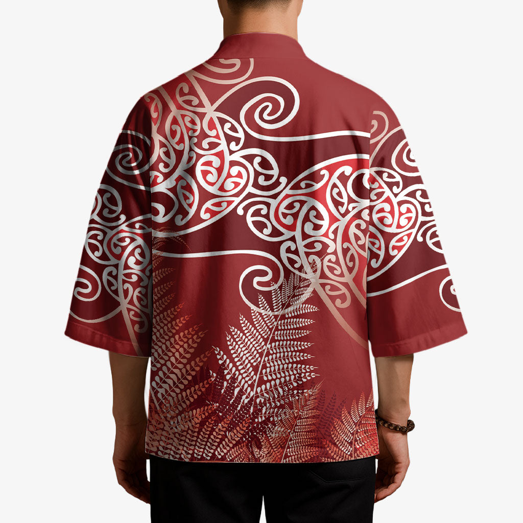 Aotearoa Maori Koru Curves Kimono Silver Ferns - Crimson Red LT7 - Polynesian Pride