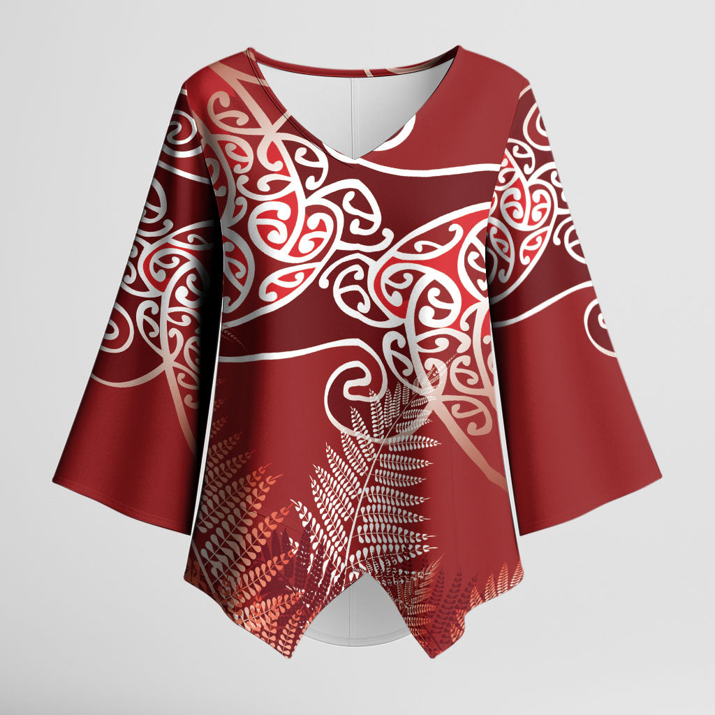 Aotearoa Maori Koru Curves Kimono Sleeve Blouse Silver Ferns - Crimson Red LT7 Female Red - Polynesian Pride