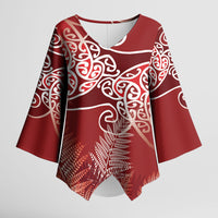 Aotearoa Maori Koru Curves Kimono Sleeve Blouse Silver Ferns - Crimson Red LT7 Female Red - Polynesian Pride