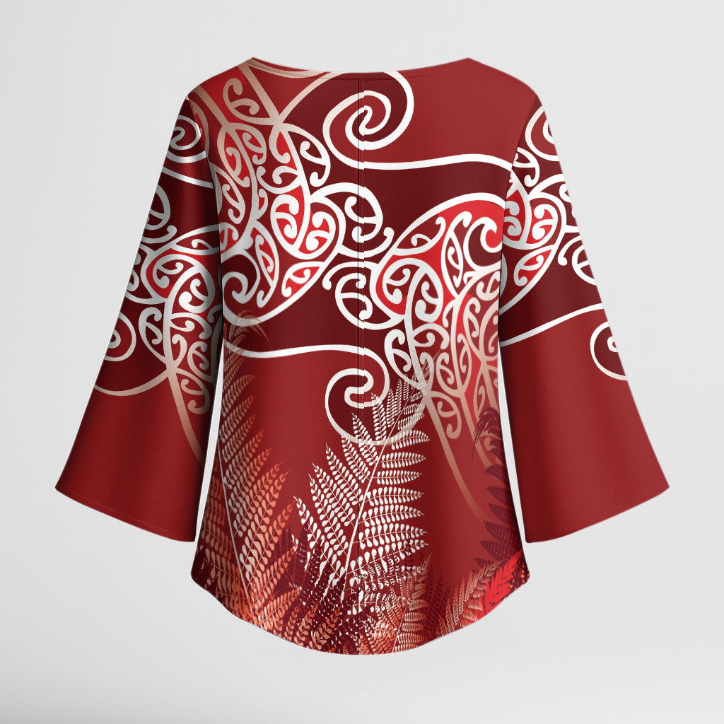Aotearoa Maori Koru Curves Kimono Sleeve Blouse Silver Ferns - Crimson Red LT7 - Polynesian Pride