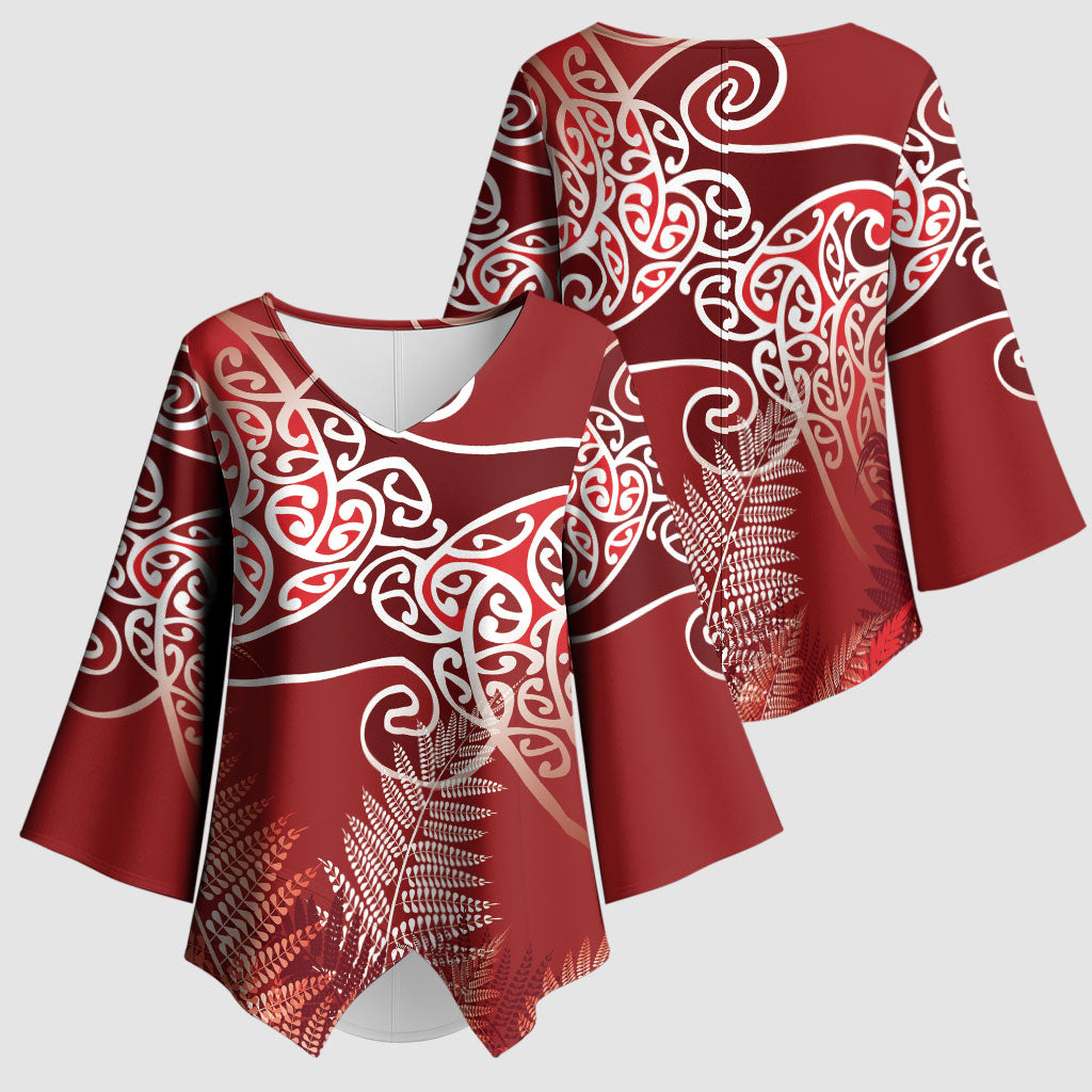 Aotearoa Maori Koru Curves Kimono Sleeve Blouse Silver Ferns - Crimson Red LT7 - Polynesian Pride