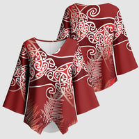 Aotearoa Maori Koru Curves Kimono Sleeve Blouse Silver Ferns - Crimson Red LT7 - Polynesian Pride