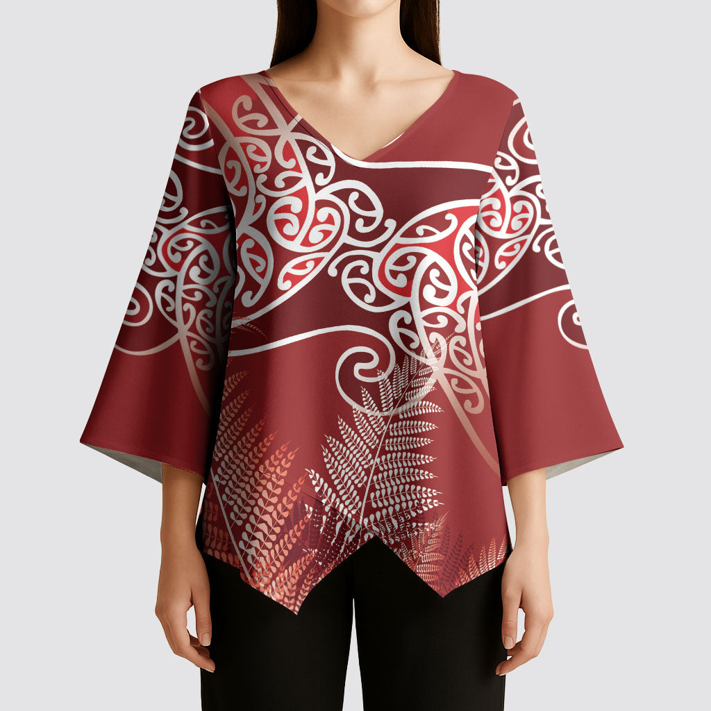 Aotearoa Maori Koru Curves Kimono Sleeve Blouse Silver Ferns - Crimson Red LT7 - Polynesian Pride