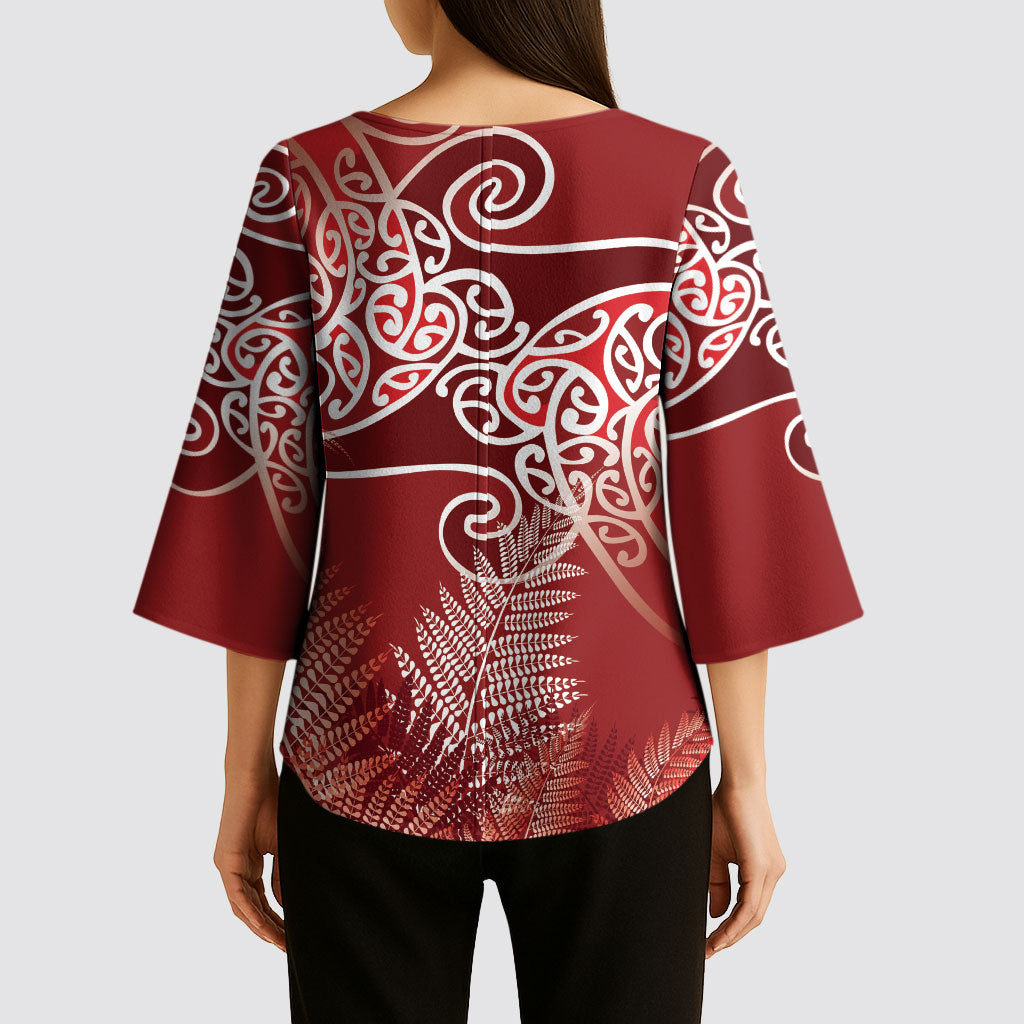 Aotearoa Maori Koru Curves Kimono Sleeve Blouse Silver Ferns - Crimson Red LT7 - Polynesian Pride
