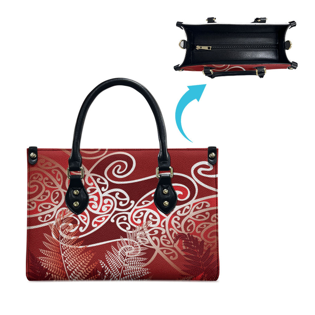 Aotearoa Maori Koru Curves Leather Bag Silver Ferns - Crimson Red LT7 - Polynesian Pride