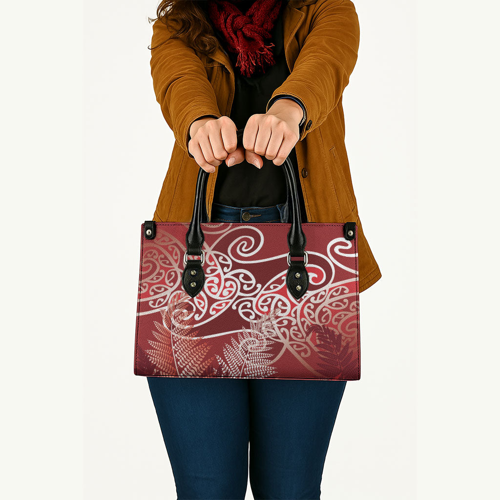 Aotearoa Maori Koru Curves Leather Bag Silver Ferns - Crimson Red LT7 - Polynesian Pride