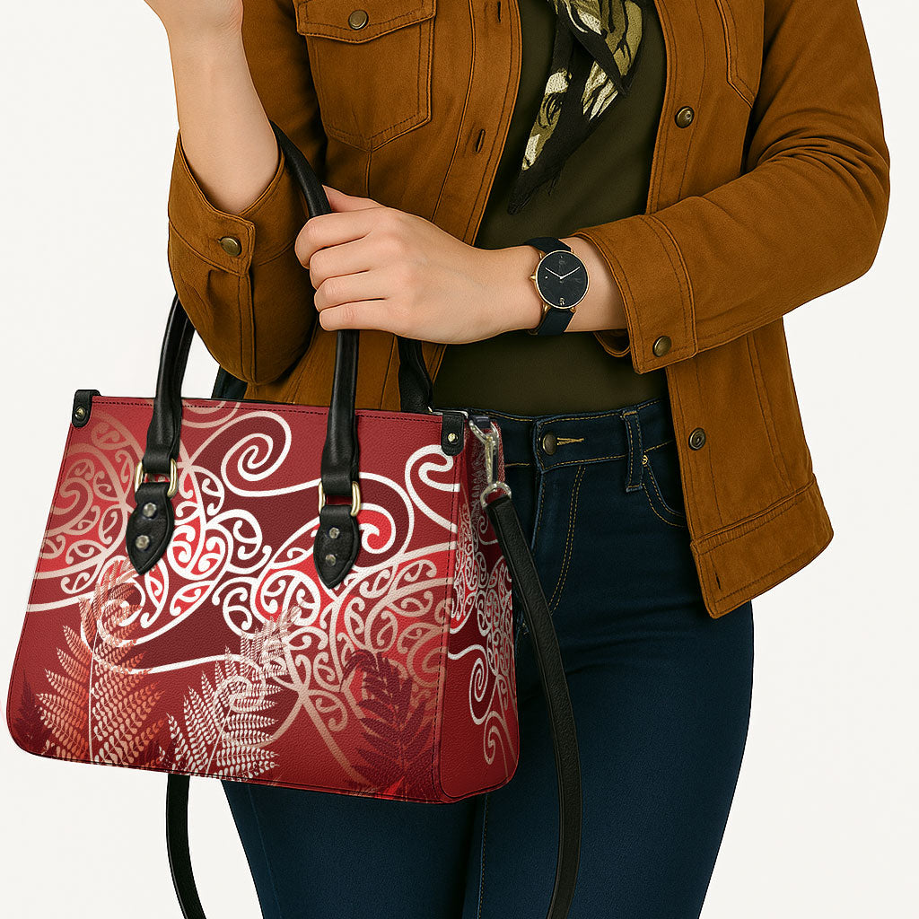 Aotearoa Maori Koru Curves Leather Bag Silver Ferns - Crimson Red LT7 - Polynesian Pride