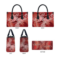 Aotearoa Maori Koru Curves Leather Bag Silver Ferns - Crimson Red LT7 - Polynesian Pride