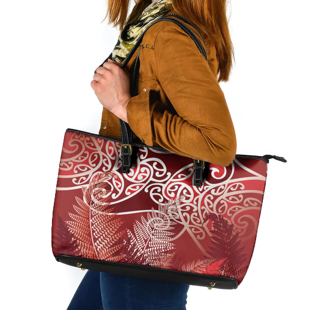 Aotearoa Maori Koru Curves Leather Tote Bag Silver Ferns - Crimson Red LT7 Red - Polynesian Pride