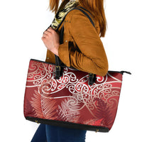 Aotearoa Maori Koru Curves Leather Tote Bag Silver Ferns - Crimson Red LT7 Red - Polynesian Pride