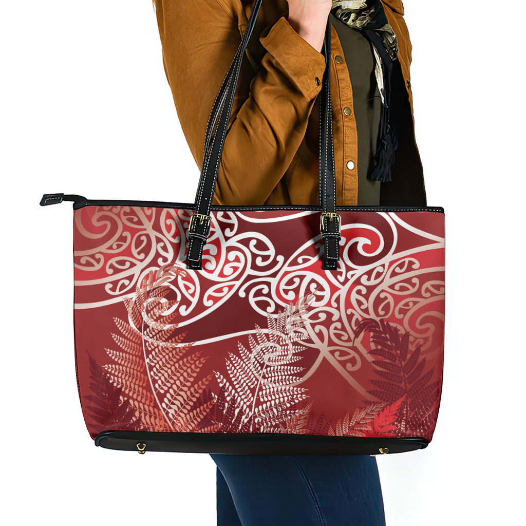 Aotearoa Maori Koru Curves Leather Tote Bag Silver Ferns - Crimson Red LT7 - Polynesian Pride