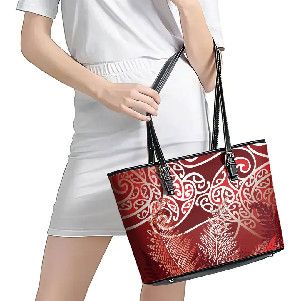 Aotearoa Maori Koru Curves Leather Tote Bag Silver Ferns - Crimson Red LT7 - Polynesian Pride