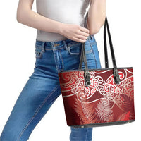 Aotearoa Maori Koru Curves Leather Tote Bag Silver Ferns - Crimson Red LT7 - Polynesian Pride