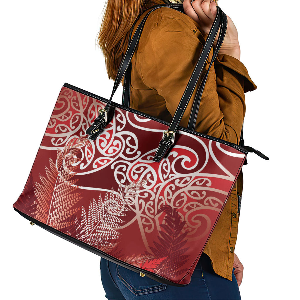Aotearoa Maori Koru Curves Leather Tote Bag Silver Ferns - Crimson Red LT7 - Polynesian Pride