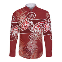 Aotearoa Maori Koru Curves Long Sleeve Button Shirt Silver Ferns - Crimson Red LT7 Unisex Red - Polynesian Pride
