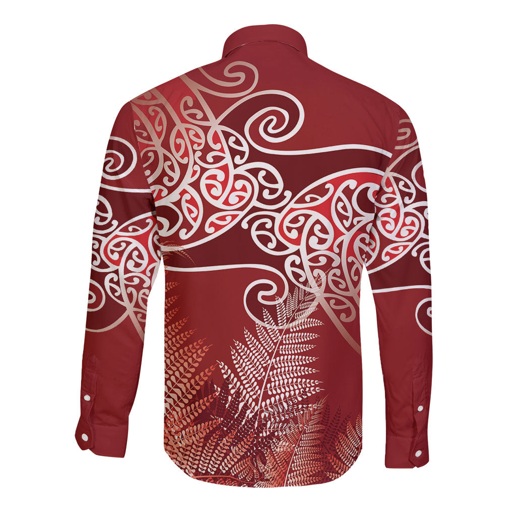 Aotearoa Maori Koru Curves Long Sleeve Button Shirt Silver Ferns - Crimson Red LT7 - Polynesian Pride