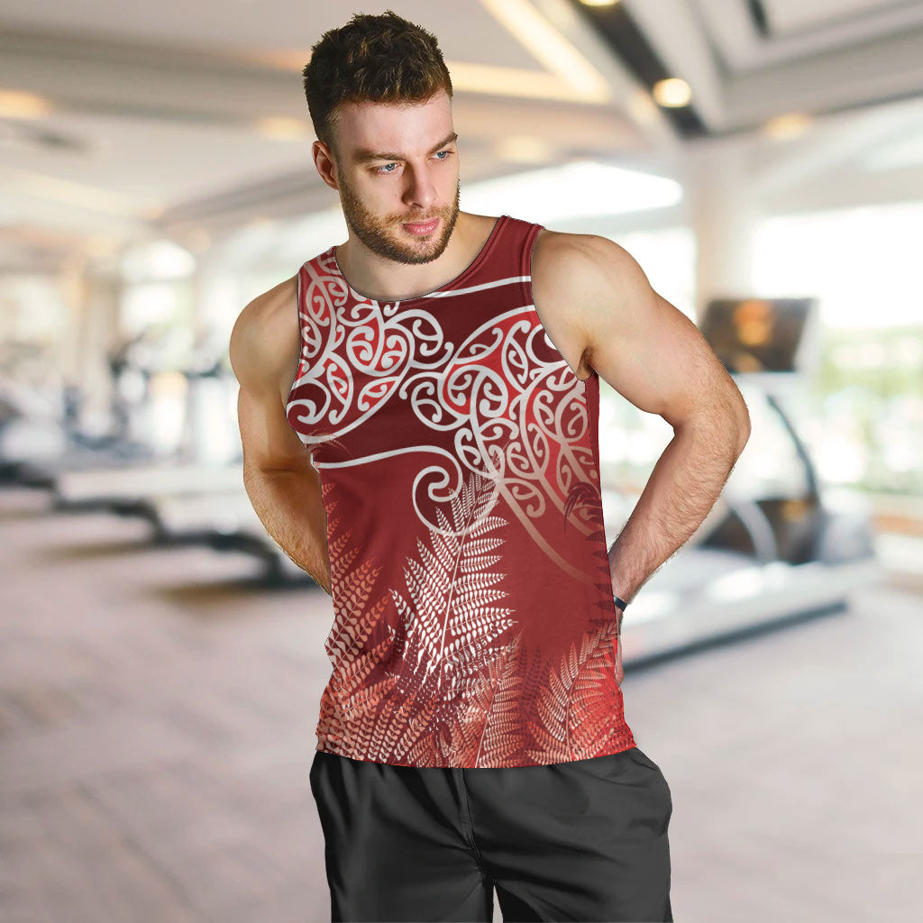 Aotearoa Maori Koru Curves Men Tank Top Silver Ferns - Crimson Red LT7 Red - Polynesian Pride