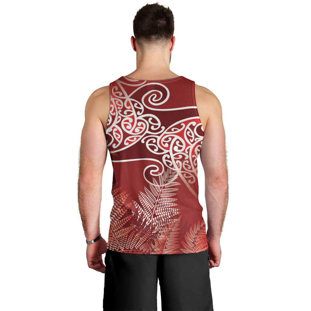 Aotearoa Maori Koru Curves Men Tank Top Silver Ferns - Crimson Red LT7 - Polynesian Pride