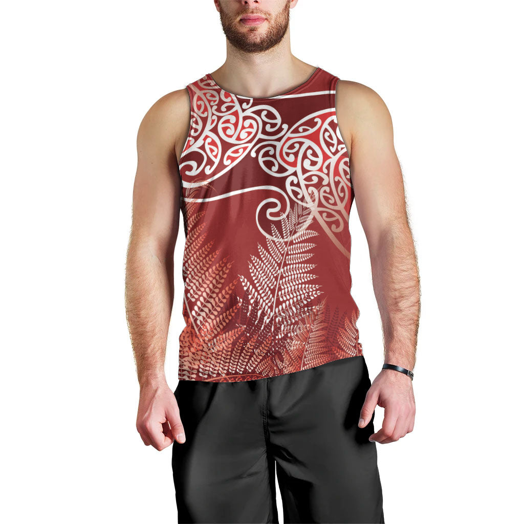 Aotearoa Maori Koru Curves Men Tank Top Silver Ferns - Crimson Red LT7 - Polynesian Pride