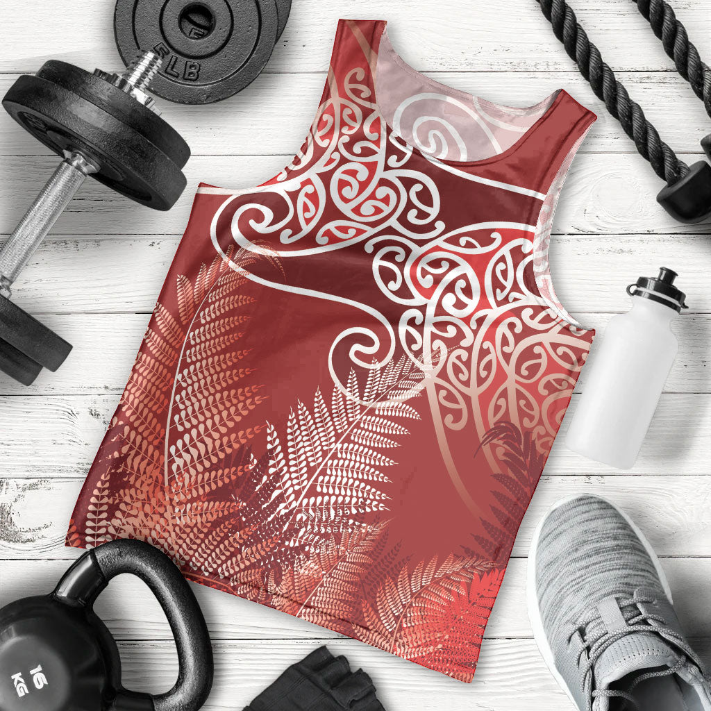 Aotearoa Maori Koru Curves Men Tank Top Silver Ferns - Crimson Red LT7 - Polynesian Pride