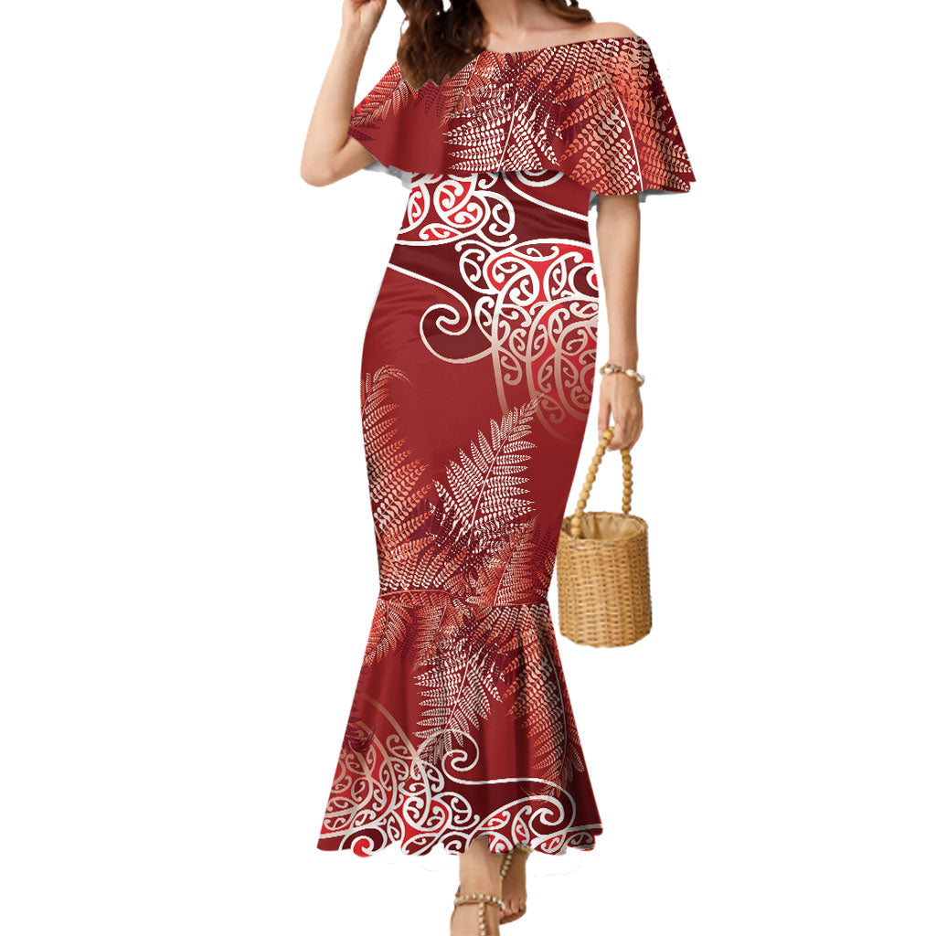 Aotearoa Maori Koru Curves Mermaid Dress Silver Ferns - Crimson Red LT7 Women Red - Polynesian Pride