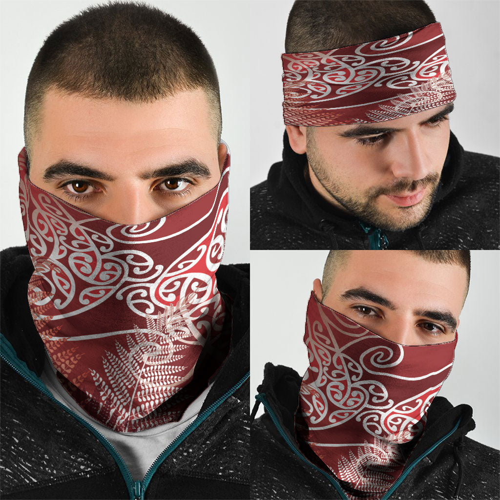 Aotearoa Maori Koru Curves Neck Gaiter Silver Ferns - Crimson Red LT7 - Polynesian Pride