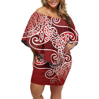 Aotearoa Maori Koru Curves Off Shoulder Short Dress Silver Ferns - Crimson Red LT7 Women Red - Polynesian Pride