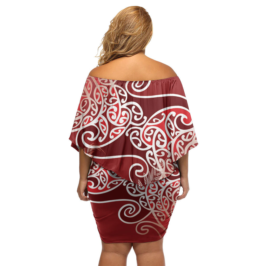 Aotearoa Maori Koru Curves Off Shoulder Short Dress Silver Ferns - Crimson Red LT7 - Polynesian Pride