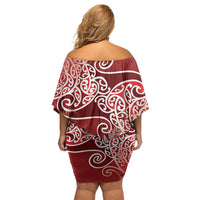 Aotearoa Maori Koru Curves Off Shoulder Short Dress Silver Ferns - Crimson Red LT7 - Polynesian Pride