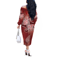 Aotearoa Maori Koru Curves Off The Shoulder Long Sleeve Dress Silver Ferns - Crimson Red LT7 - Polynesian Pride