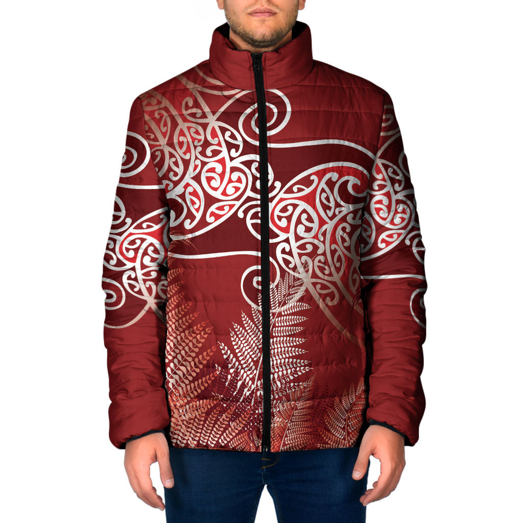 Aotearoa Maori Koru Curves Padded Jacket Silver Ferns - Crimson Red LT7 Men Red - Polynesian Pride