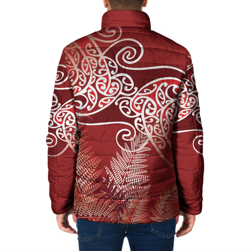 Aotearoa Maori Koru Curves Padded Jacket Silver Ferns - Crimson Red LT7 - Polynesian Pride