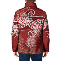 Aotearoa Maori Koru Curves Padded Jacket Silver Ferns - Crimson Red LT7 - Polynesian Pride