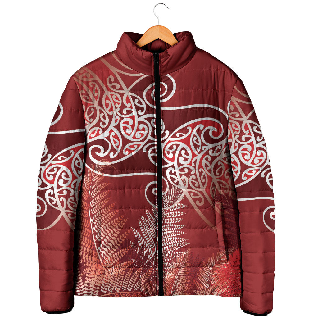 Aotearoa Maori Koru Curves Padded Jacket Silver Ferns - Crimson Red LT7 - Polynesian Pride