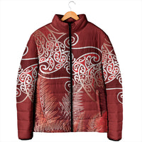 Aotearoa Maori Koru Curves Padded Jacket Silver Ferns - Crimson Red LT7 - Polynesian Pride