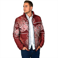 Aotearoa Maori Koru Curves Padded Jacket Silver Ferns - Crimson Red LT7 - Polynesian Pride