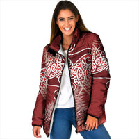 Aotearoa Maori Koru Curves Padded Jacket Silver Ferns - Crimson Red LT7 Women Red - Polynesian Pride