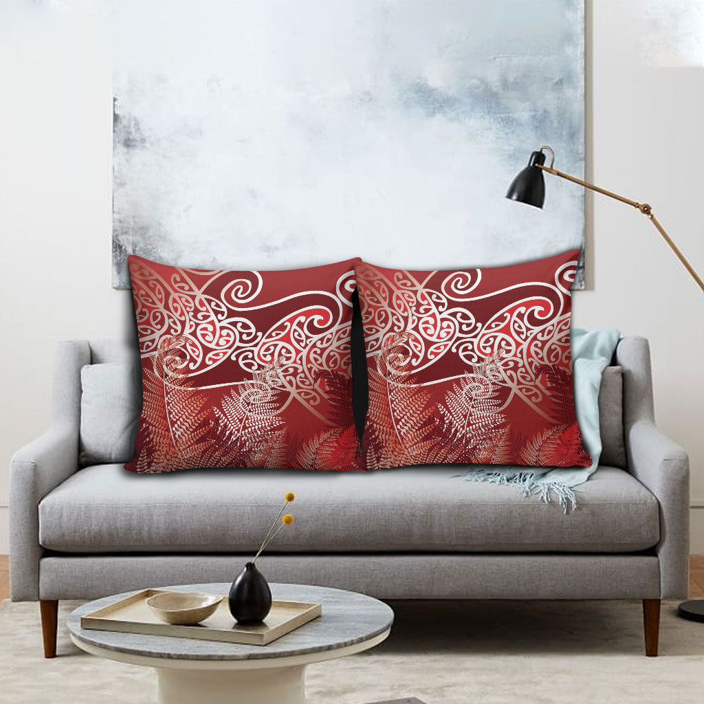 Aotearoa Maori Koru Curves Pillow Cover Silver Ferns - Crimson Red LT7 - Polynesian Pride