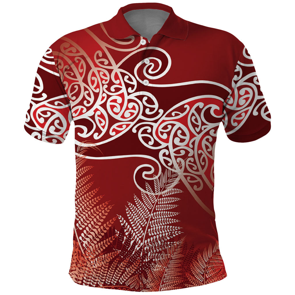 Aotearoa Maori Koru Curves Polo Shirt Silver Ferns - Crimson Red LT7 Red - Polynesian Pride