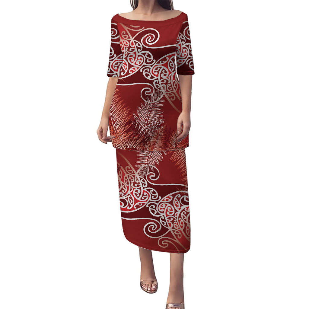 Aotearoa Maori Koru Curves Puletasi Silver Ferns - Crimson Red LT7 Long Dress Red - Polynesian Pride