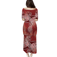 Aotearoa Maori Koru Curves Puletasi Silver Ferns - Crimson Red LT7 - Polynesian Pride