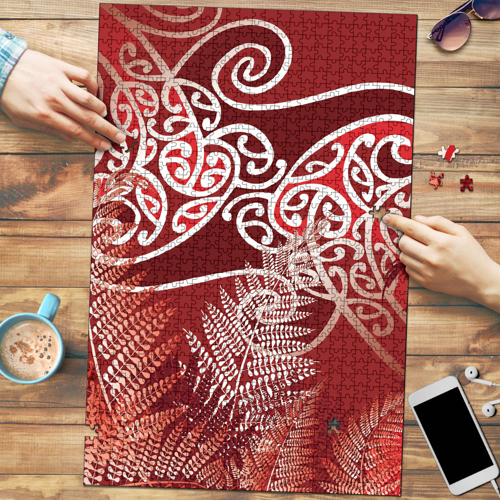 Aotearoa Maori Koru Curves Puzzle Silver Ferns - Crimson Red LT7 Red - Polynesian Pride