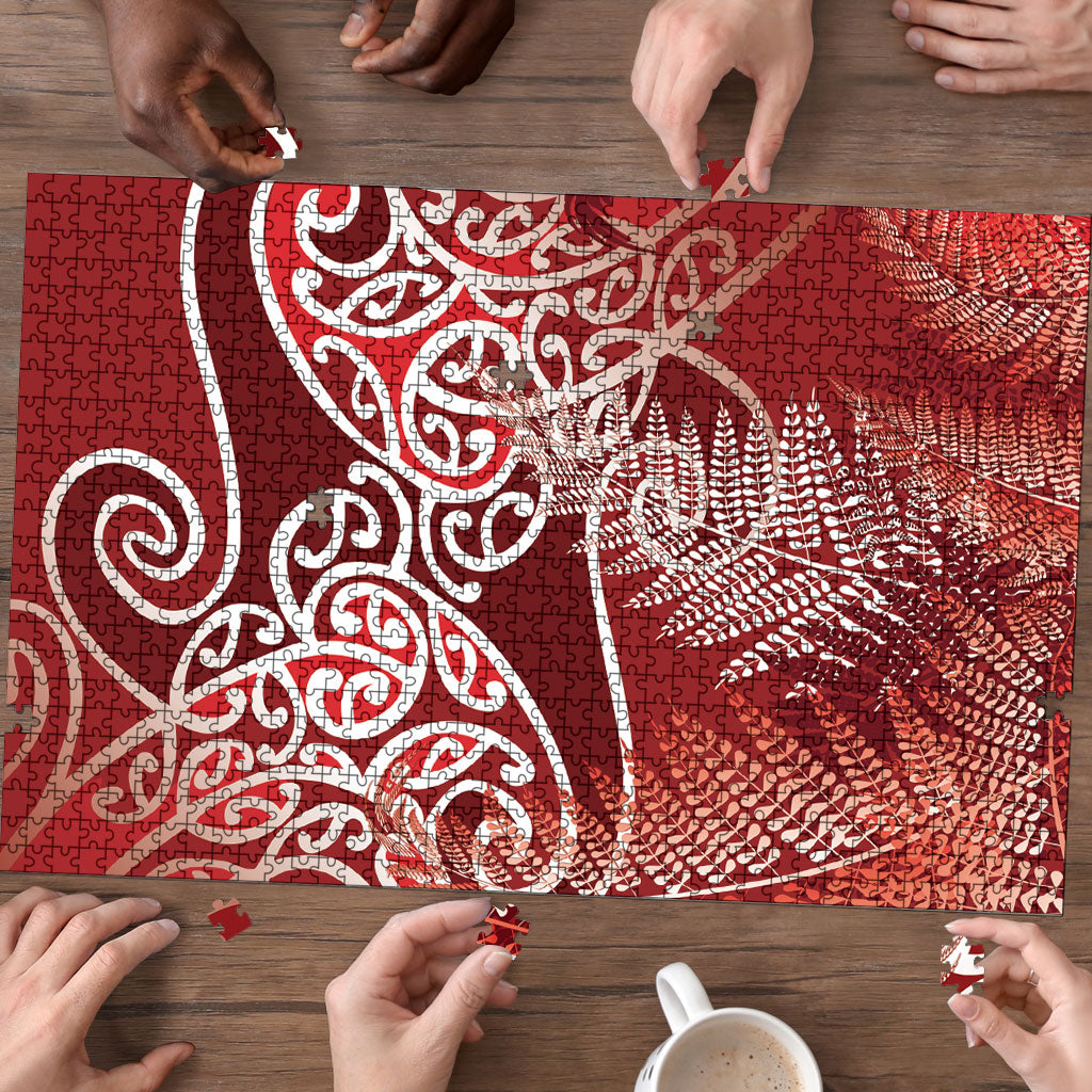 Aotearoa Maori Koru Curves Puzzle Silver Ferns - Crimson Red LT7 - Polynesian Pride