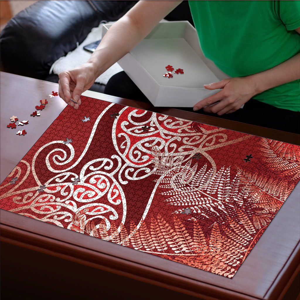 Aotearoa Maori Koru Curves Puzzle Silver Ferns - Crimson Red LT7 - Polynesian Pride